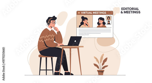 Man in Virtual Meeting on Laptop, Remote Work, Online Communication