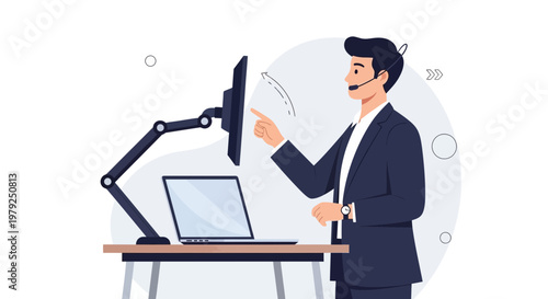 Man in suit with headset interacting with touchscreen monitor at desk with laptop