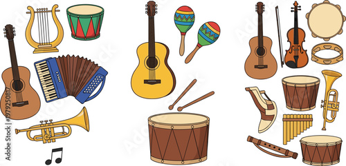 Set of Musical Instruments Including Guitars, Drums, Trumpets, and Maracas for Music and Celebration Designs