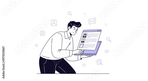 Man using laptop for online recruitment, job search, and candidate selection