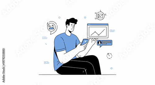 Man using smartphone with business analytics and communication icons