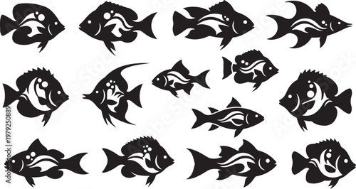 Black and white fish silhouettes on clean white background illustration