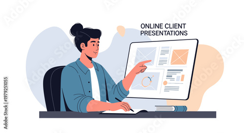 Man giving online client presentation on computer screen, remote work concept