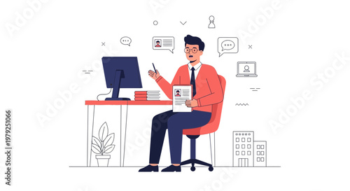 Man in Office Job Interview, Resume, Computer, Office Buildings, Business Concept