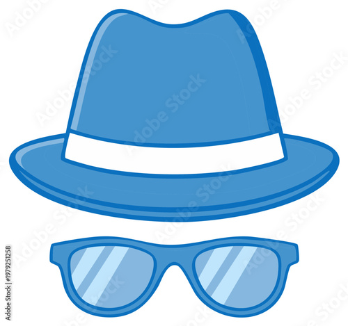 Illustrated blue hat with a white band and matching blue sunglasses, simple design, fashion accessories, and disguise elements