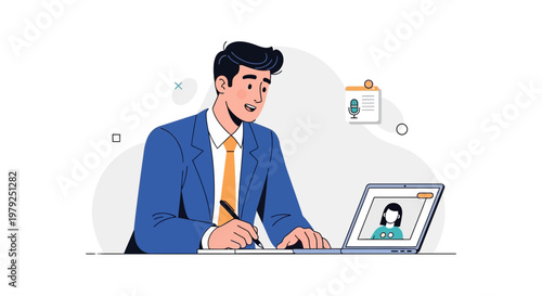 Man in Suit Video Conferencing, Taking Notes, Online Meeting, Remote Work