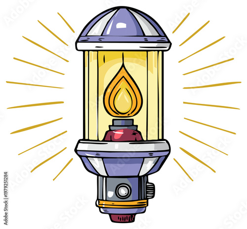Hand-drawn illustration of a lit kerosene lamp emitting glowing light beams