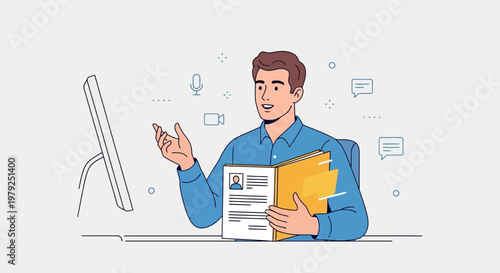 Man in video call with resume and folders, online job interview, remote work