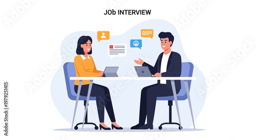 Job Interview: Woman and Man Discussing Careers with Laptops and Chat Bubbles