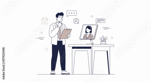Man in video call, thinking, holding clipboard, online meeting, remote work concept