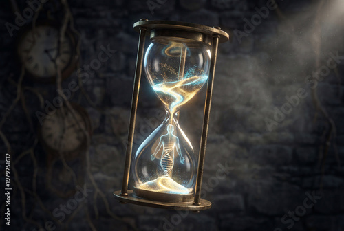Concept of Time, Aging, and Longevity with Hourglass Visualization