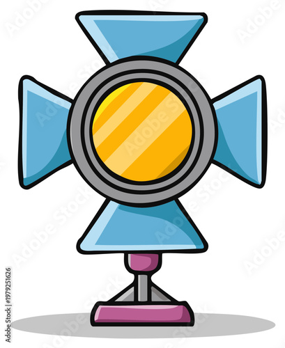 Colorful cartoon illustration of a studio light with a bright yellow lens and blue reflectors