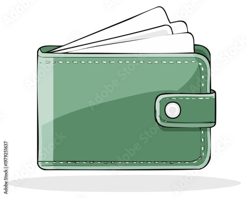 Green wallet holding multiple cards stylized cartoon illustration representing banking and finance