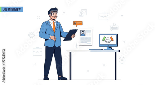 Man in VR headset in job interview, virtual reality recruitment, modern hiring process