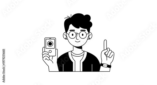 Person holding device illustrative portrait communication and digital technology concept