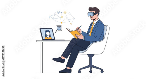 Man in VR headset learns online, takes notes, virtual reality education, remote learning