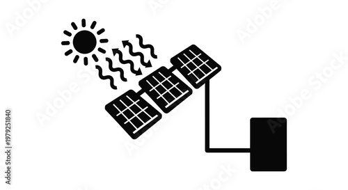 A graphic representation of solar panels absorbing sunlight and converting it to energy shown as a silhouette high quality professional detailed
