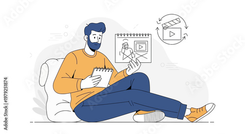 Man planning video production, storyboard and clapperboard with play button icon