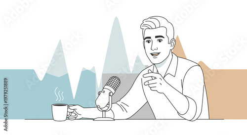 Man Podcasting with Coffee and Microphone, Animated Graph Background