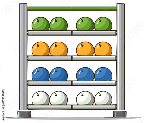Color balls neatly arranged on a multi-tiered rack for storage or display