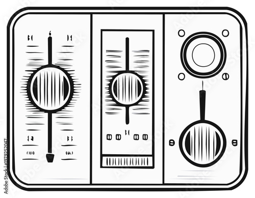 Retro radio frequency tuner interface with dial knobs and gauges illustration in black and white