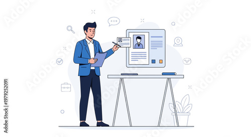 Man presenting resume on screen, job interview, recruitment, human resources concept