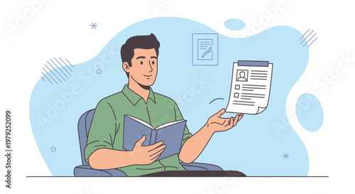 Man reading a book and holding a resume, job search concept