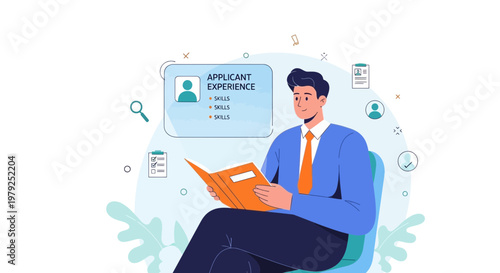 Man reviewing applicant experience and skills for job hiring, recruitment concept