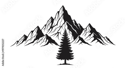 Black and white mountain peaks with solitary pine tree illustration