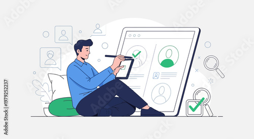 Man reviewing candidates on a tablet, digital recruitment and HR concept