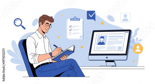 Man reviewing resume on computer, writing notes, hiring process concept