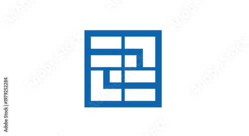 Blue geometric square maze symbol.