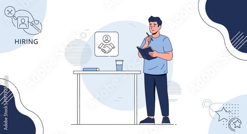 Man thinking about hiring and job offer handshake, recruitment concept