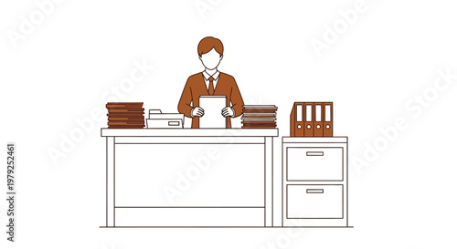 Businessman handling documents at office desk with files