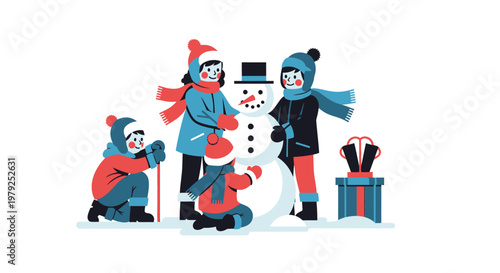Children Building Snowman Winter Fun Scene.