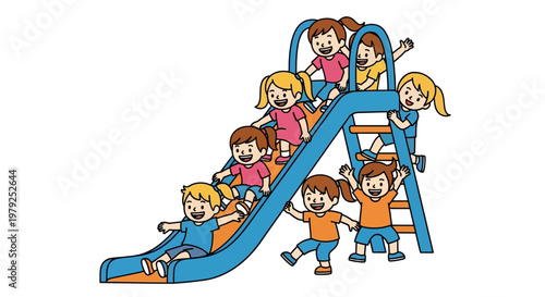 Children Playing on a Blue Slide.