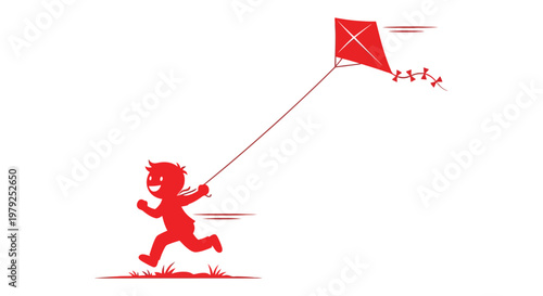 Child Running with Red Kite Outdoors.