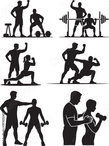 Fitness trainer assisting clients with various gym exercises silhouette set art.
