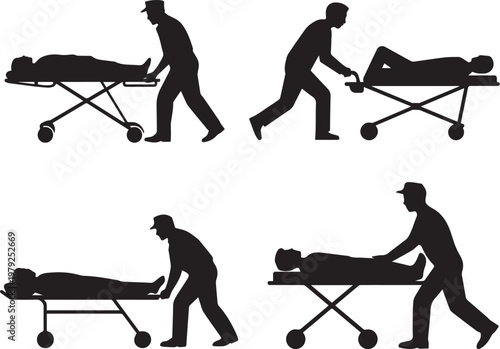 Medical personnel pushing gurney with patient silhouette in hospital corridor.