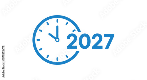 Clock with year 2027 on white.