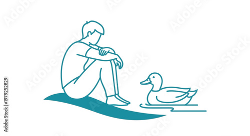 Contemplative man sitting by water next to swimming duck