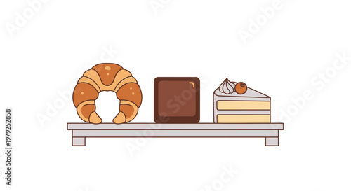 Croissant cake and chocolate on shelf.