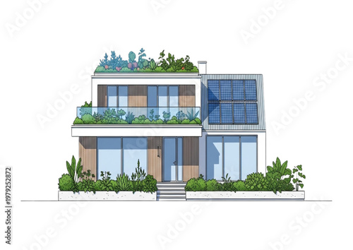 Modern eco-friendly house with solar panels and rooftop garden