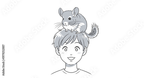 Cute chinchilla sitting on happy boy's head illustration