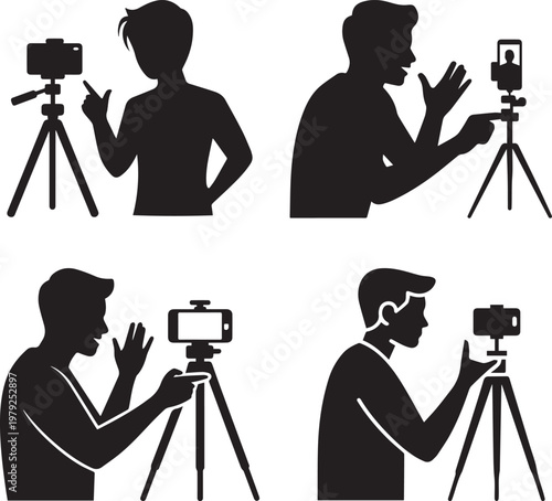 Silhouettes of people recording videos with smartphones on tripods.