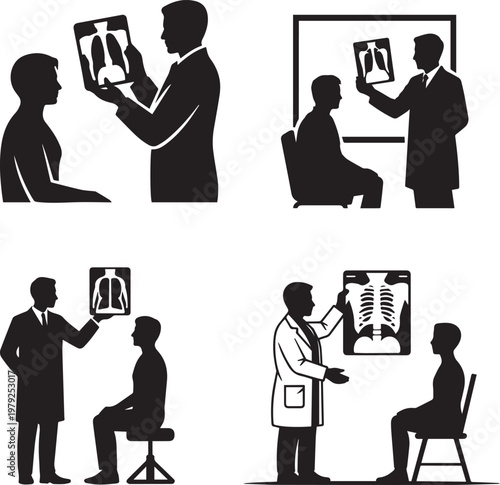 Doctor silhouette showing chest xray film to patient during medical examination.