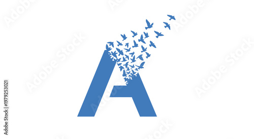 Letter a with bird silhouette dispersion creative concept illustration