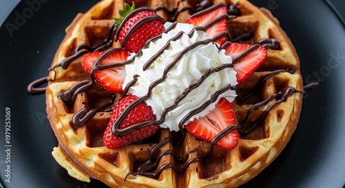 Waffle with Strawberries and Chocolate Sauce.