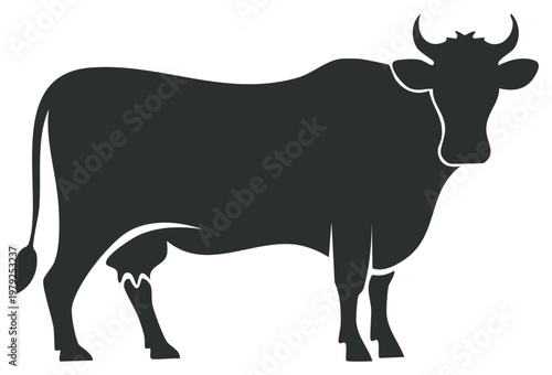 Black silhouette of a cow isolated on a white background. Farm animal.
