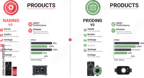Product comparison infographic vector with pricing features performance charts and rating metrics for marketing presentation and business analysis reports